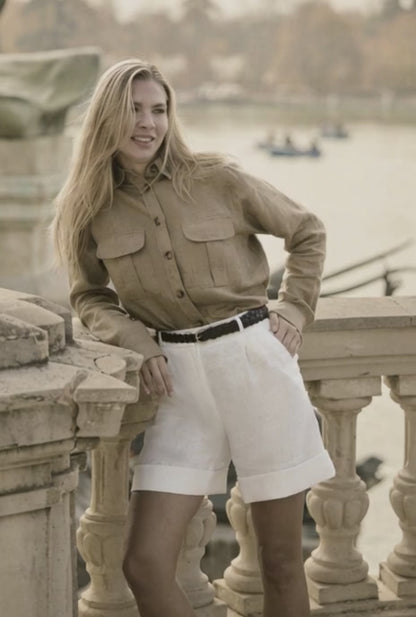 Italian Beige Linen Shirt Jacket / Women's Two Piece White Linen Shorts