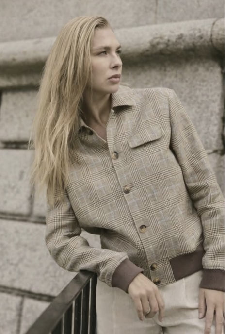 Italian Beige & Blue Check Single Breasted / Women's Two Piece Suit