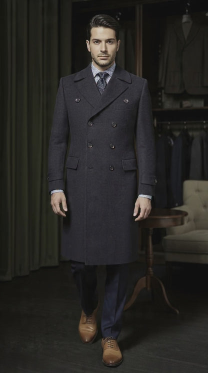 Navy Wool Double Breasted Overcoat 