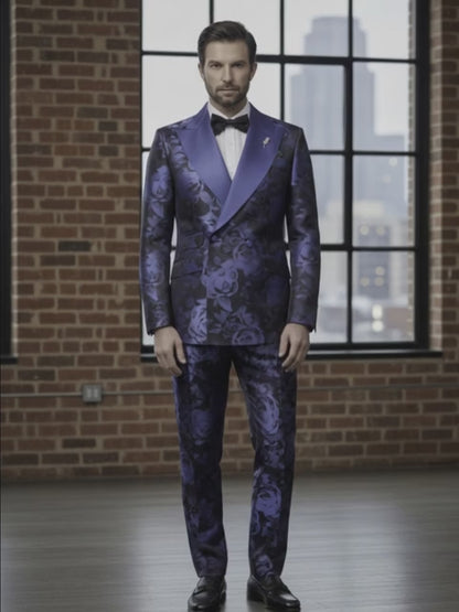 Tuxedo Blue and Navy Patterned Brocade Jacket  / Style Number J39144/200