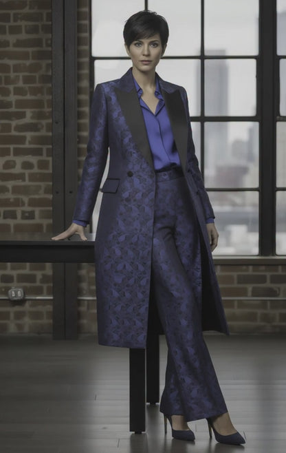 Women's Tuxedo Blue and Navy Patterned Brocade Long Jacket  / Style Number J39184/220