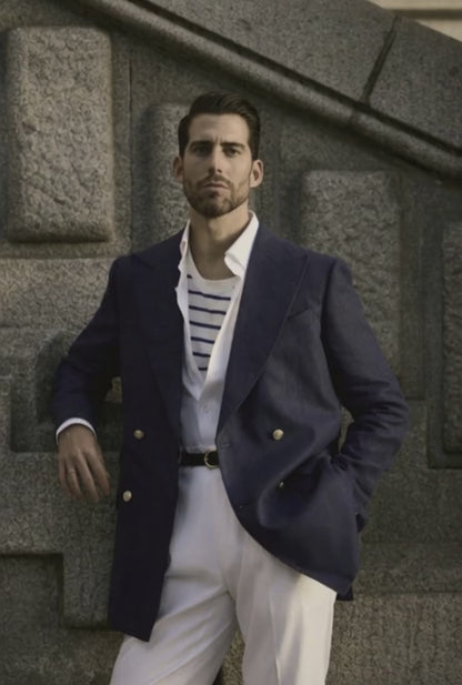 Italian Navy Linen Blazer Plus White Cotton -Lycra Trousers