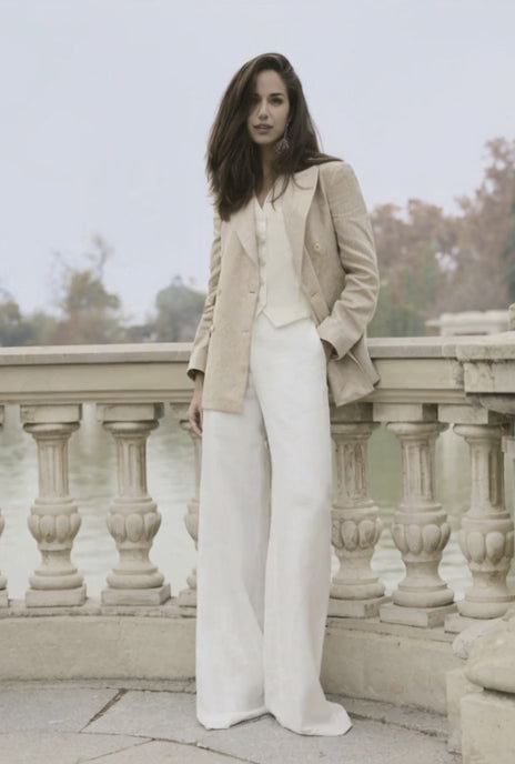 Italian Linen Tan Double Breasted Jacket Plus Ivory Waistcoat and White Trousers / Women's