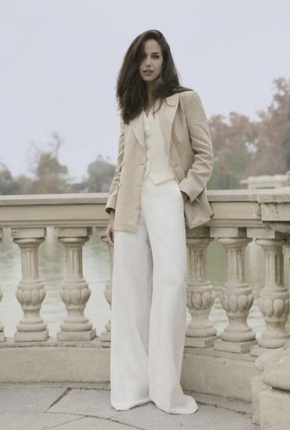Italian Linen Tan Double Breasted Jacket Plus Ivory Waistcoat and White Trousers / Women's