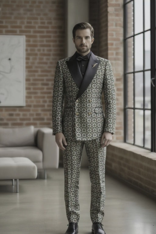 Tuxedo Green and Black/ White Floral Brocade Jacket