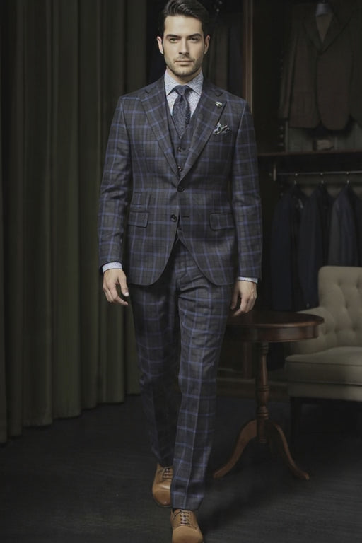 Purple and Navy Check Single Breasted Jacket / Plus Purple and Navy Check Trousers