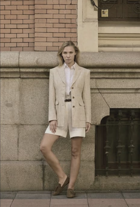 Italian Beige Linen Check Single Breasted / Women's Two Piece Shorts Suit