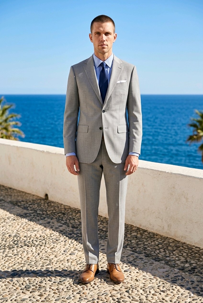 A man wearing a three-piece burgundy suit, light pink dress shirt, and patterned tie stands on a white balcony overlooking the blue ocean with palm trees in the background.