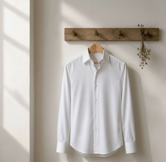 A white long-sleeve button-up dress shirt hanging on a wooden hanger from a rustic wooden wall rack, set against a warm beige wall with soft window light shadows.