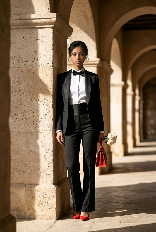 A woman stands in a stone corridor wearing a black tuxedo-style suit with a white shirt, black bow tie, and red high heels.