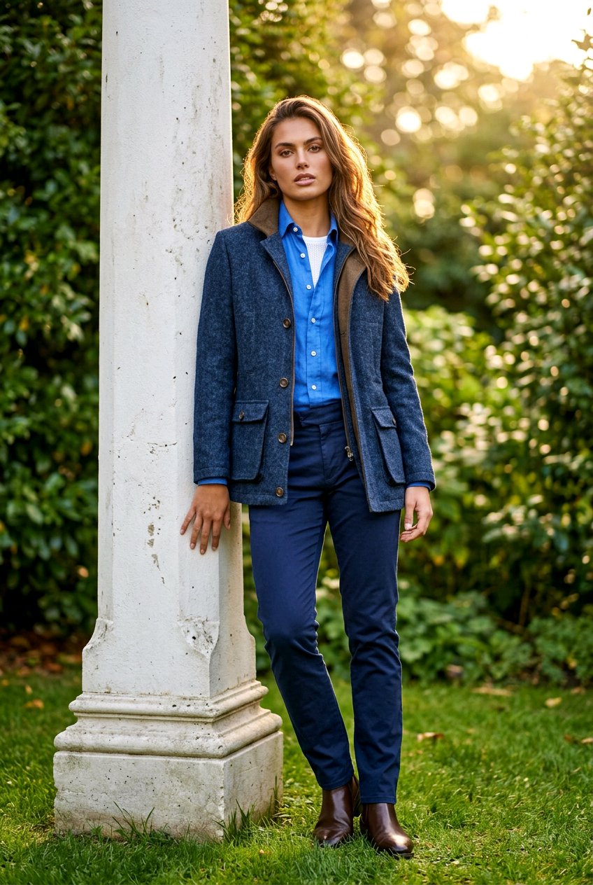 A woman stands outdoors next to a white stone column, wearing a textured navy blue blazer with brown lapels over a bright blue button-down shirt and navy trousers.